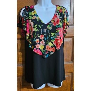 Woman's Sleeveless Mixed Media Floral Overlay Top